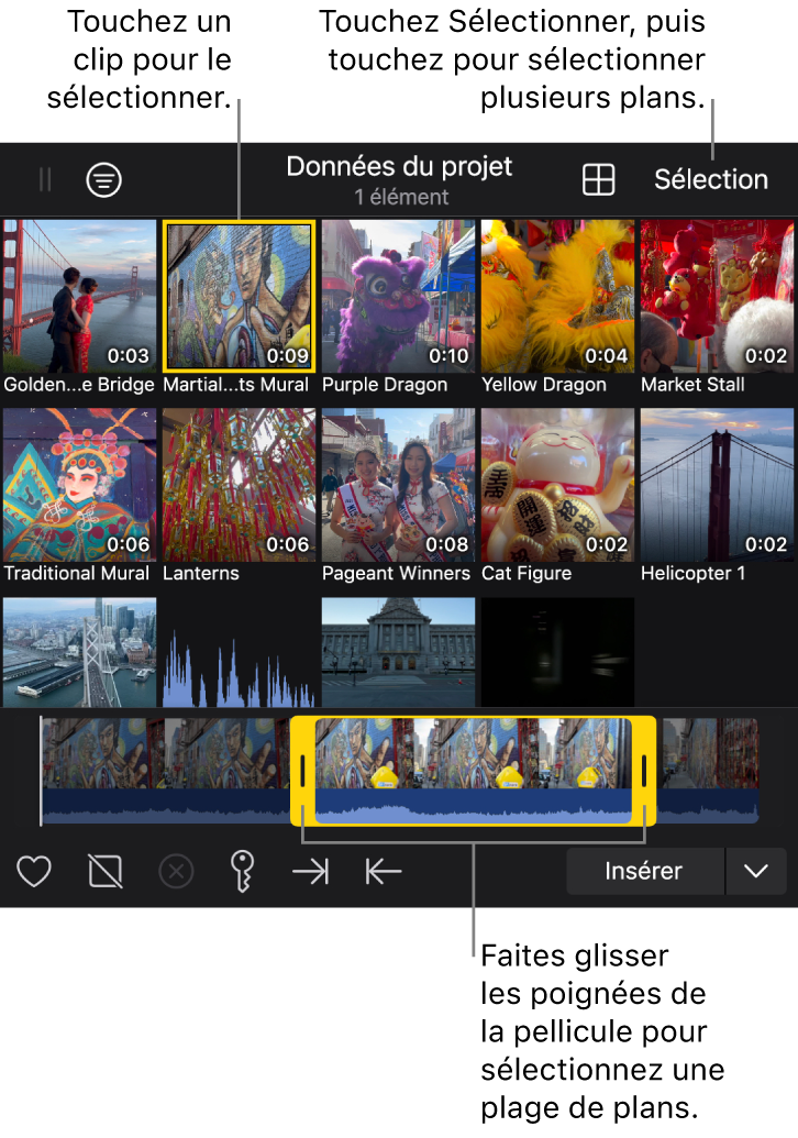 Le navigateur multimédia montrant un plan sélectionné, sa pellicule au bas avec une plage sélectionnée, et le bouton Sélectionner pour sélectionner plusieurs plans à la fois.