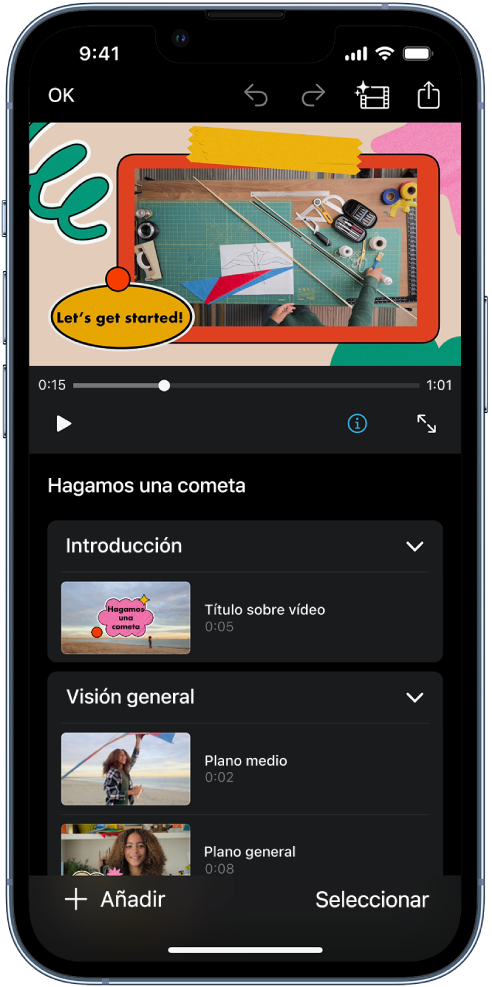 Proyecto de guion gráfico en iMovie en el iPhone.