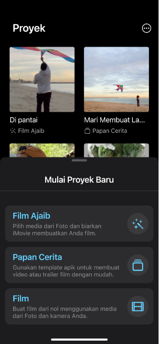 Browser Proyek menampilkan gambar mini proyek yang ada dan tombol Mulai Proyek Baru di bawah.