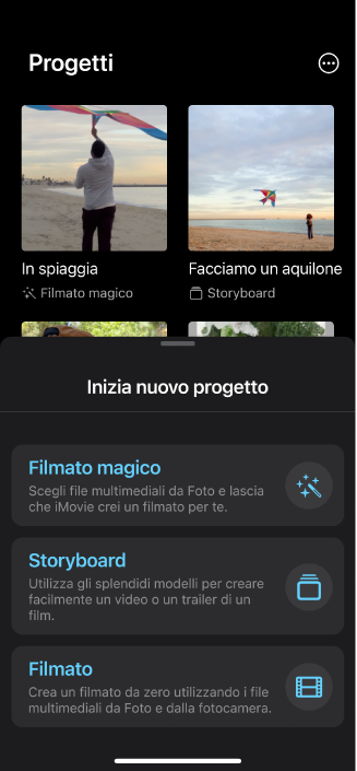 Il browser Progetti che mostra le miniature dei progetti esistenti e il pulsante “Inizia nuovo progetto” sotto.