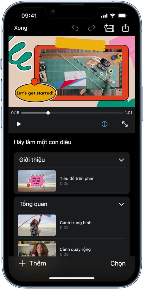 Một dự án bảng phân cảnh trong iMovie trên iPhone.