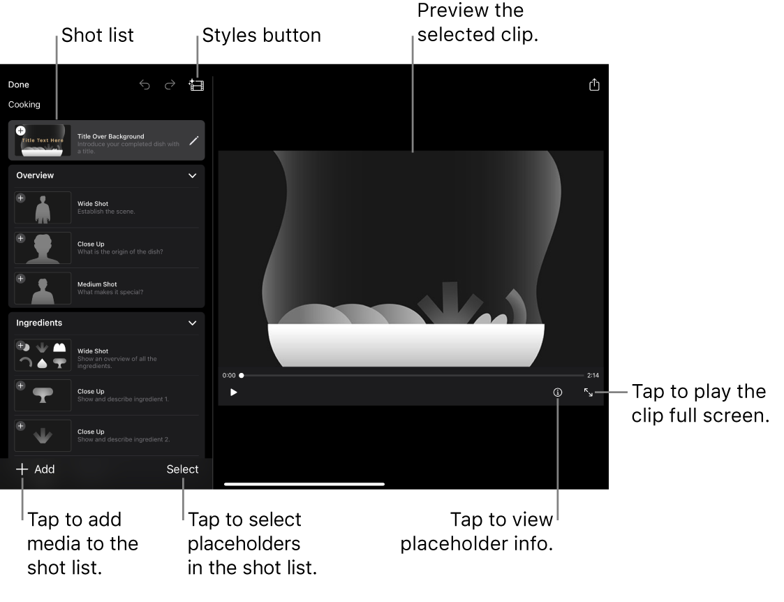 An open Storyboard project, with the selected placeholder clip appearing in the viewer and the shot list below.