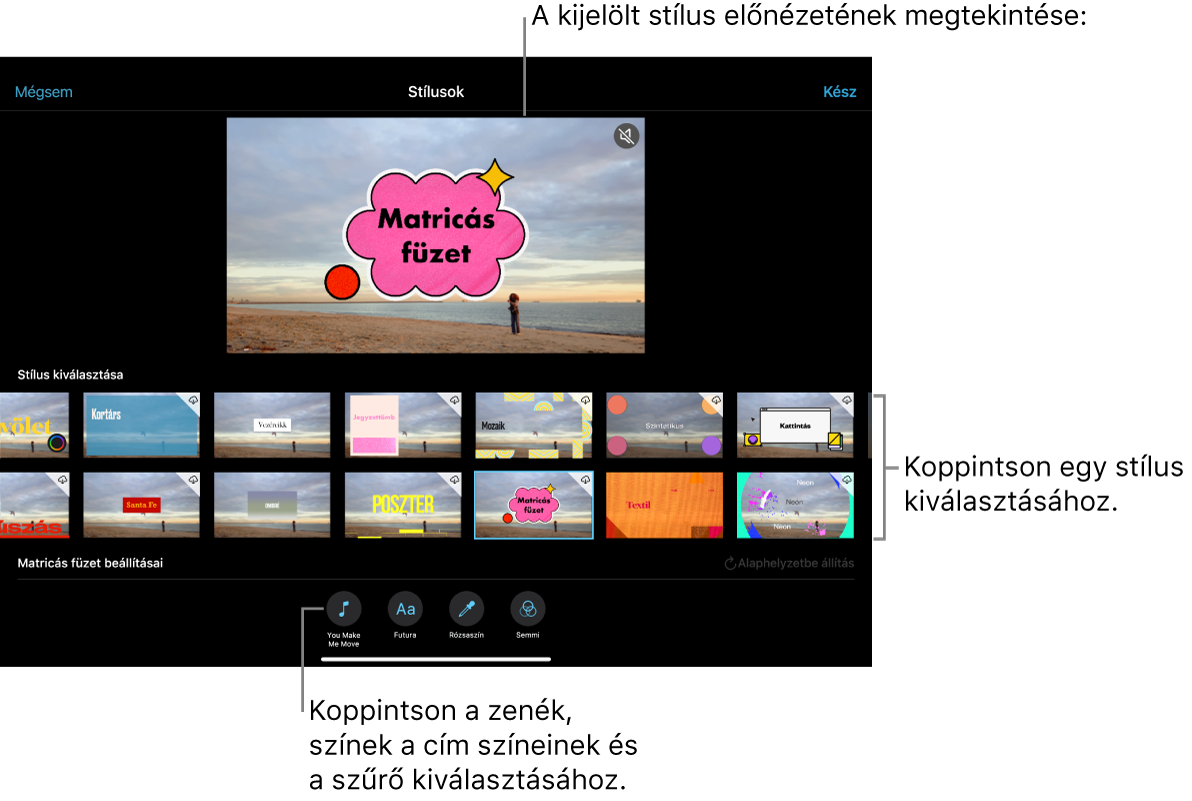A megtekintőben a kijelölt stílus előnézete, míg alatta a stílusbeállítások láthatók. A képernyő alján a zenék hozzáadására, a címek színének és betűtípusának kiválasztására és szűrők hozzáadására szolgáló gombok láthatók.