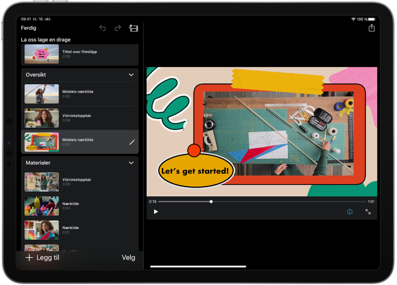 Et bildemanusprosjekt i iMovie på en iPad.