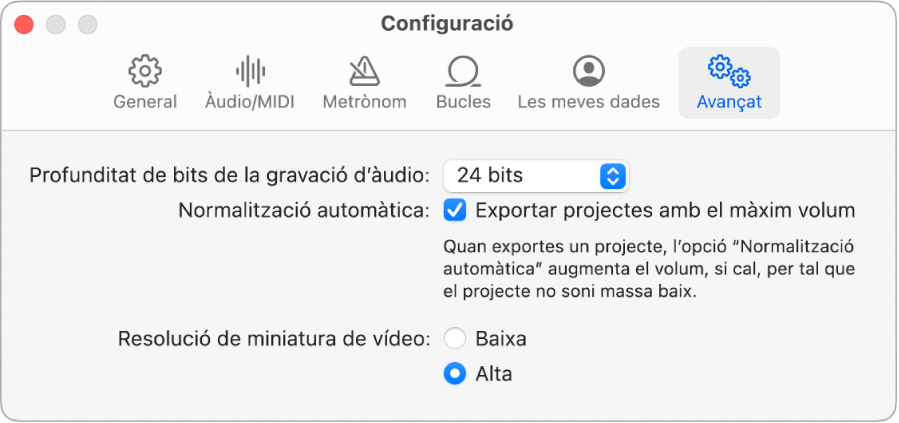 El tauler de configuració Avançat.