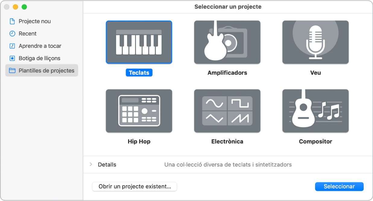 Selector de projectes amb plantilles “Projecte nou”.