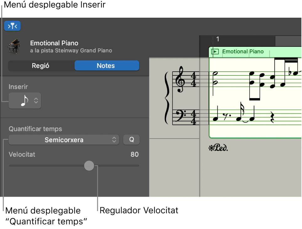 L’inspector de l’editor de partitura, en mode Notes, i els controls.