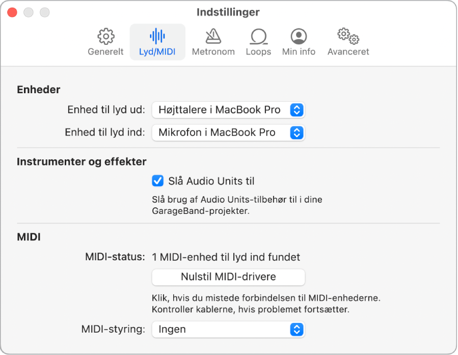 Vinduet med indstillinger til Lyd/MIDI.