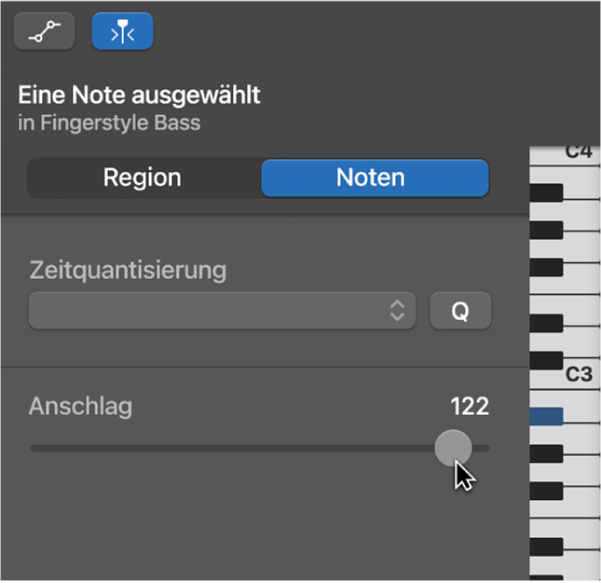 Bearbeiten der Noten-Velocity im Pianorolleneditor