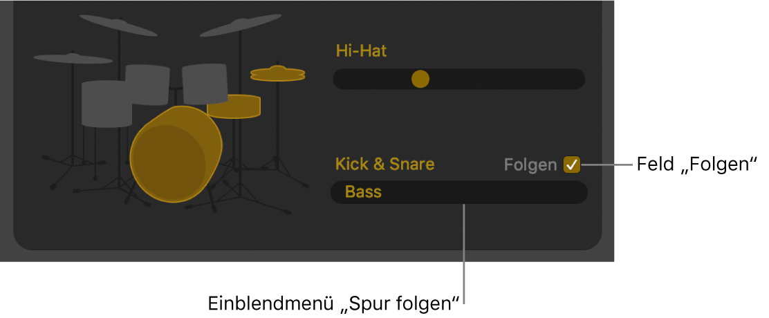 Drummer-Editor mit dem Markierungsfeld „Folgen“ und dem Einblendmenü „Spur folgen“