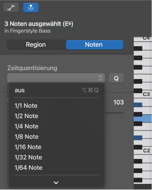 Auswählen eines Werts im Einblendmenü „Zeitquantisierung“ im Informationsfenster des Pianorolleneditors