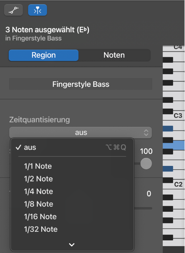 Auswählen eines Werts im Einblendmenü „Zeitquantisierung“ im Informationsfenster des Pianorolleneditors