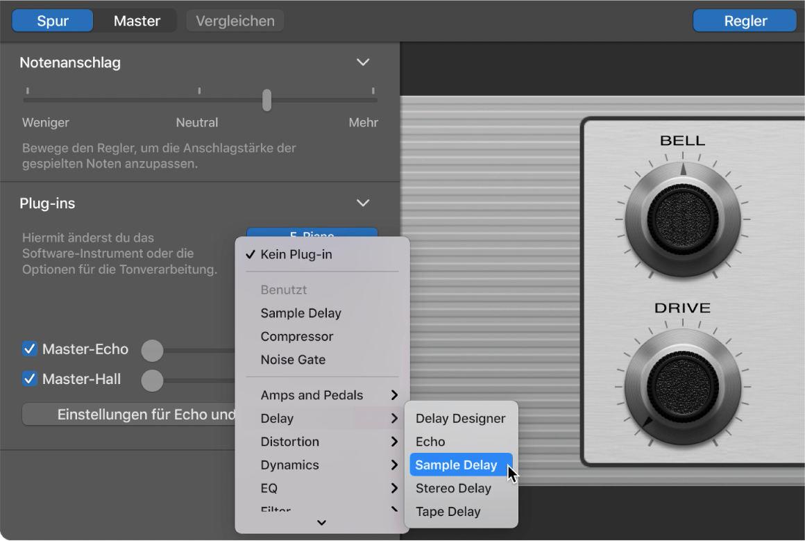 Auswählen eines Effekt-Plug-ins aus dem Plug-in-Kurzbefehlmenü