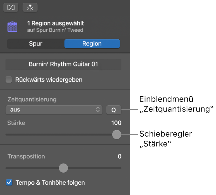 Informationsfenster „Audio-Editor“ mit Einblendmenü „Zeitquantisierung“ und Schieberegler „Stärke“