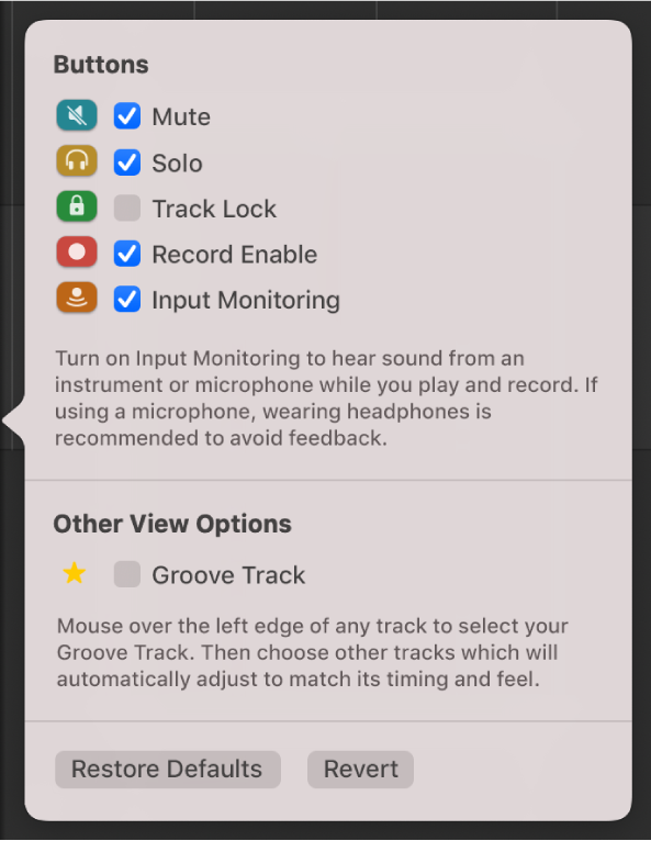 Track Header Configuration dialogue.