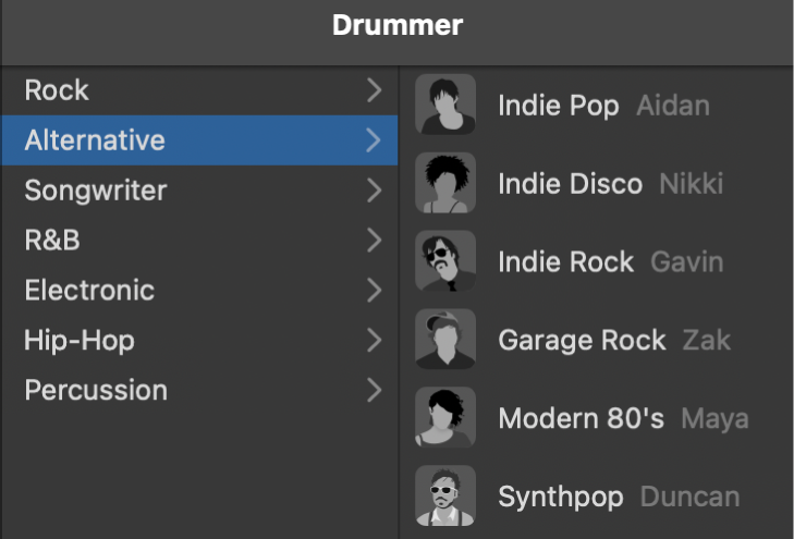 Choosing a genre in the Drummer Editor.