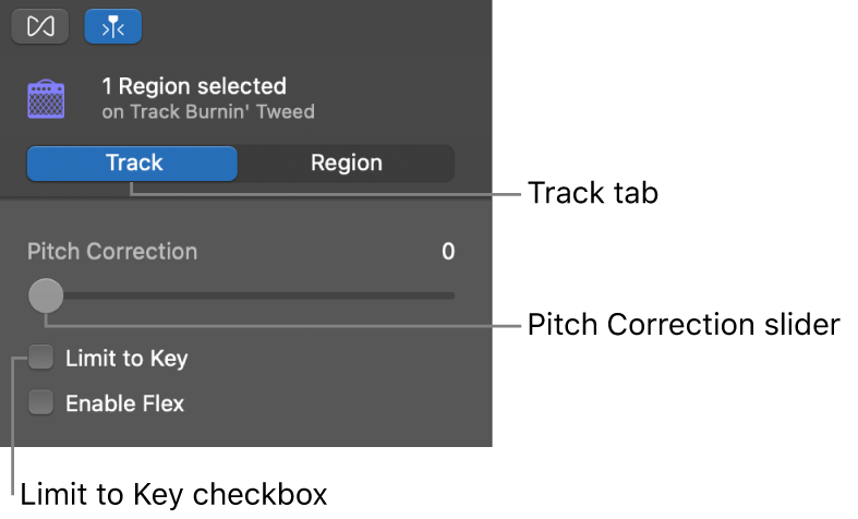 Audio Editor inspector in Track mode, showing Pitch Correction slider and Limit to Key checkbox.