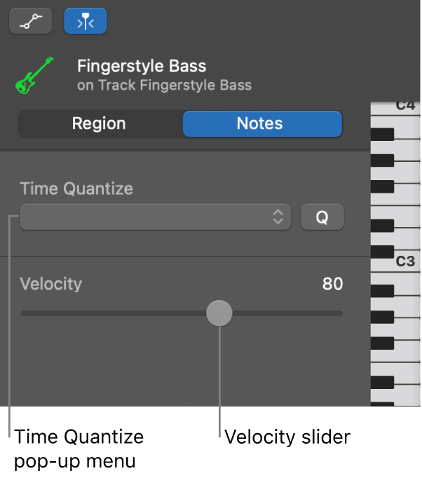 Piano Roll Editor inspector in Notes mode, showing controls.