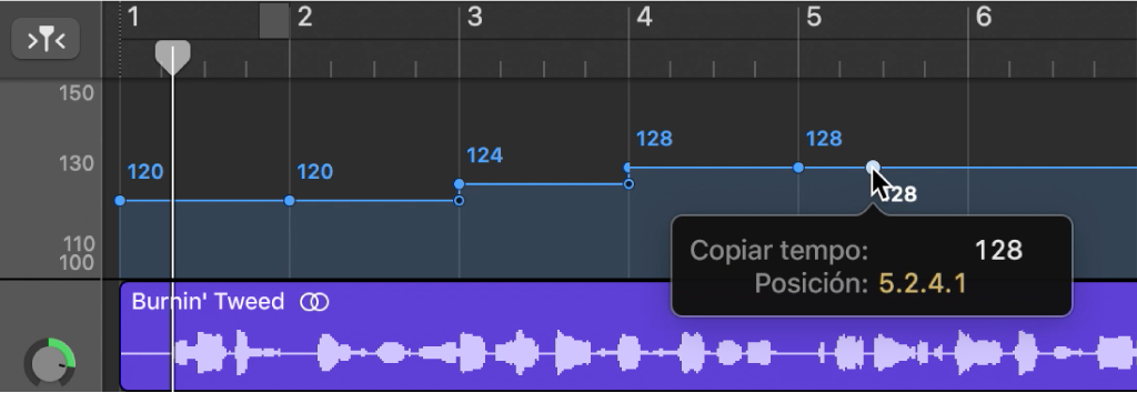 Pista de tempo, en la que se muestra el arrastre con la tecla Opción presionada para copiar un punto de control de tempo.