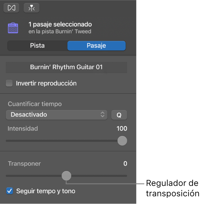 Inspector del editor de audio en modo Pasaje, con el regulador Transponer.