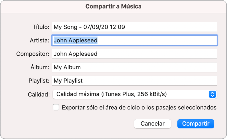Cuadro de diálogo Compartir en Música.