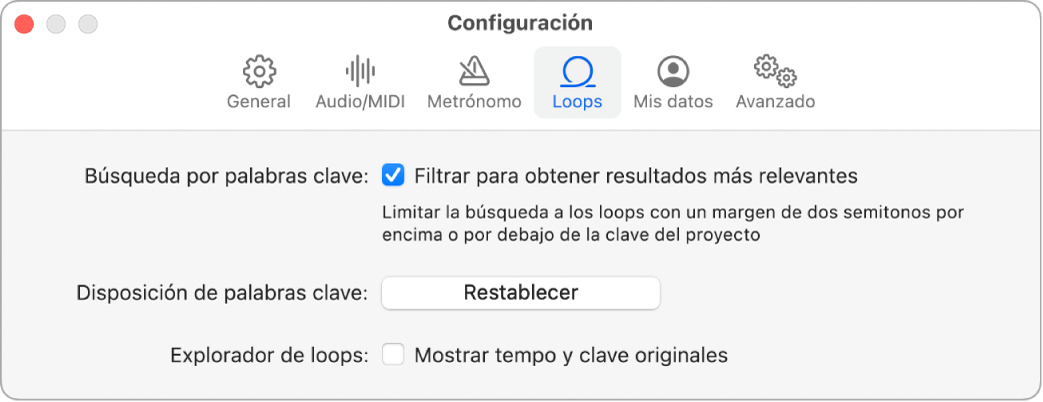 Panel de configuración Loop