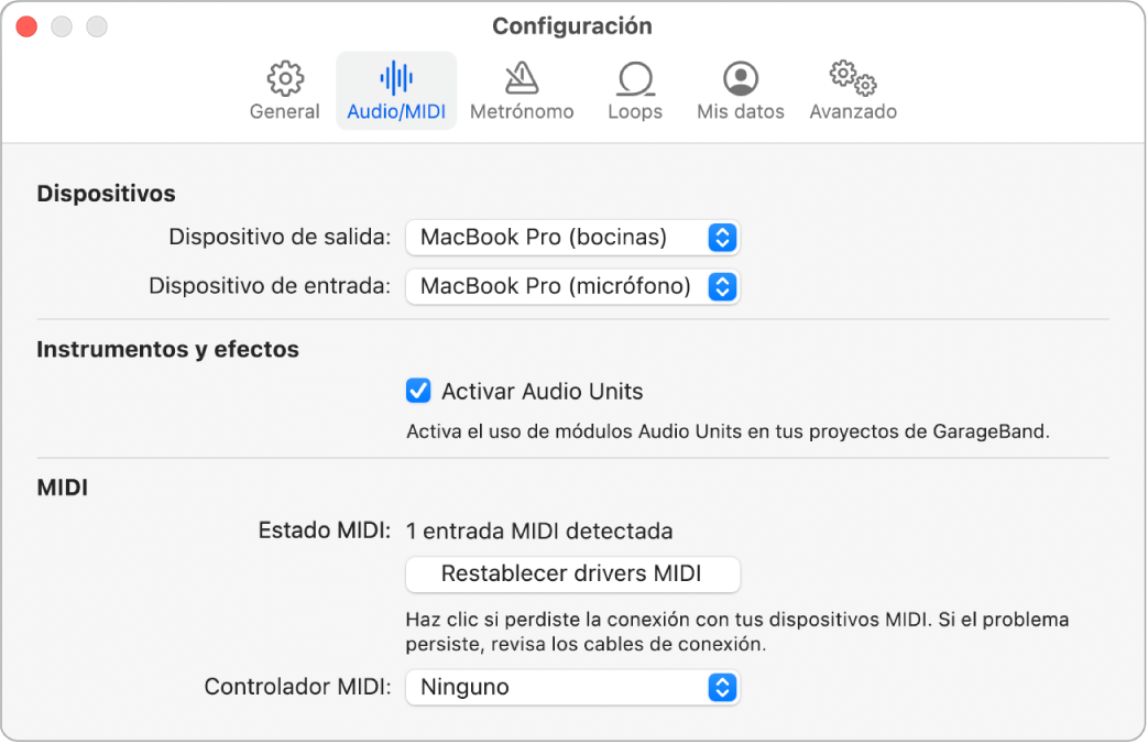 Panel de configuración Audio/MIDI.