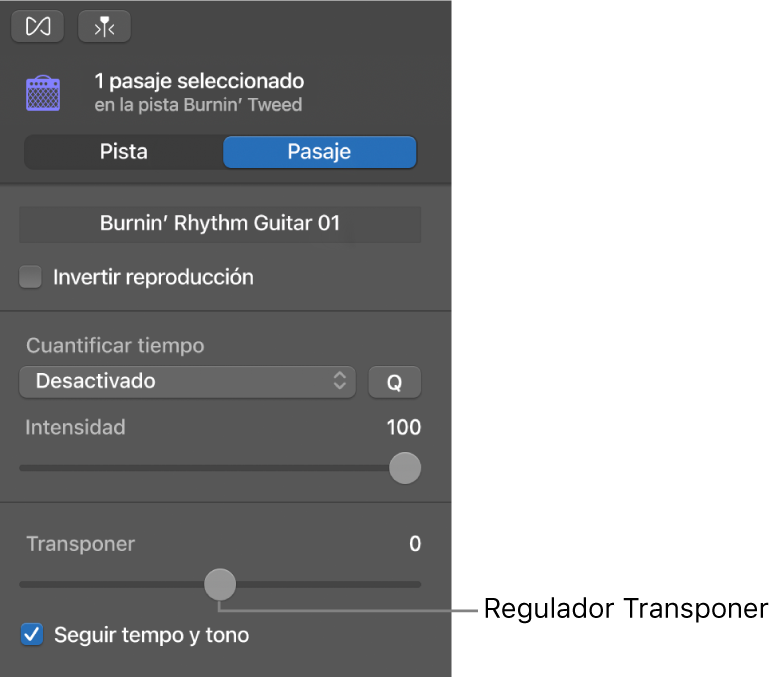 Inspector del editor de audio en modo Pasaje, con el regulador Transponer.