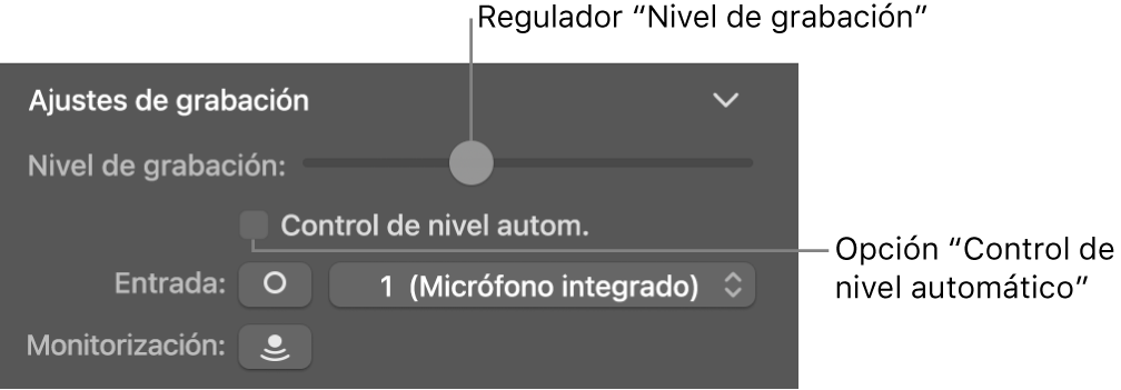 Regulador “Nivel de grabación” y casilla “Control de nivel automático” en el inspector de Smart Controls.