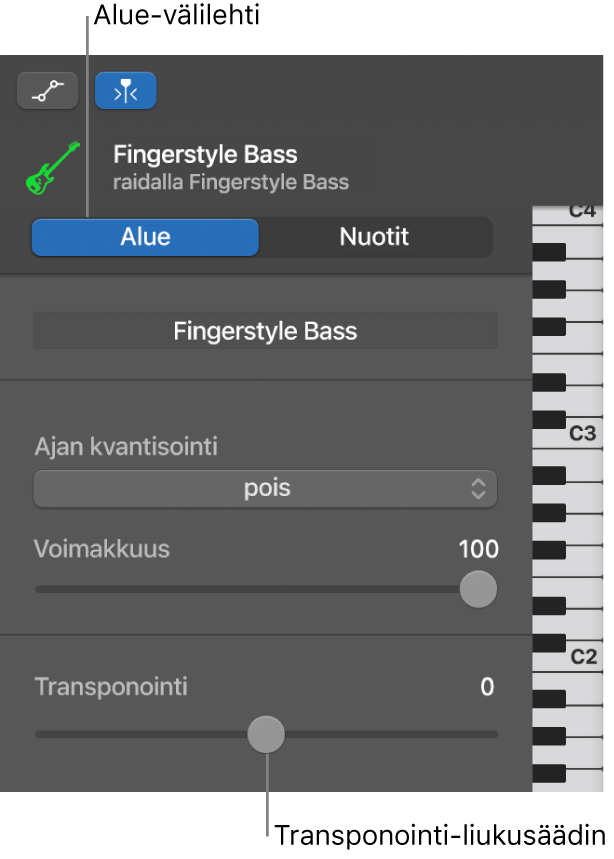 Pianorullaeditori-inspektori, jossa näkyy Alue-painike ja Transponointi-liukusäädin.