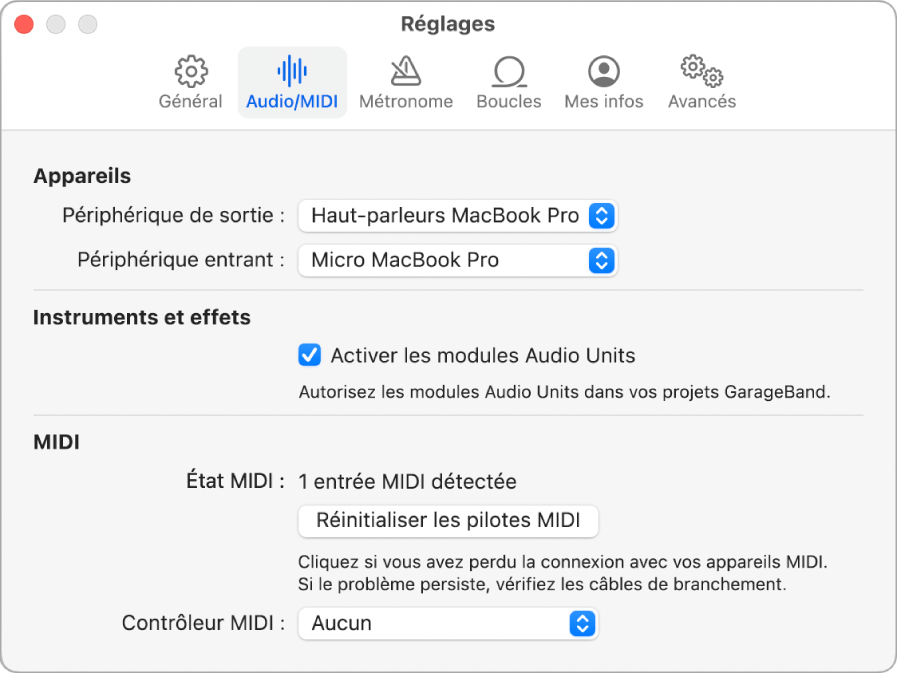 Sous-fenêtre Réglages Audio/MIDI