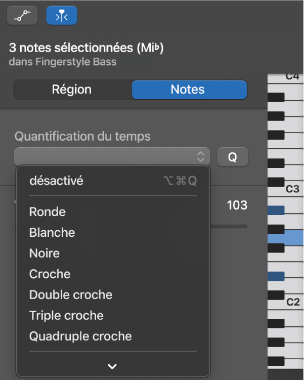 Sélection d’une valeur dans le menu contextuel Quantification du temps dans l’inspecteur de l’éditeur de partition défilante.