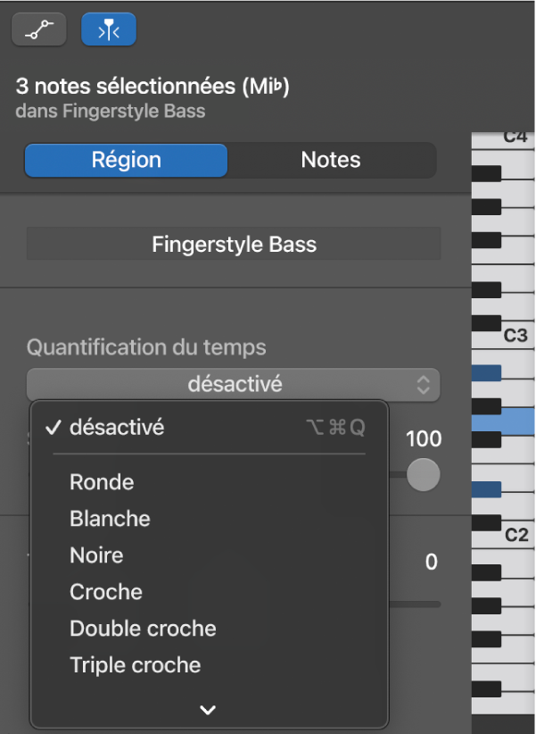 Sélection d’une valeur dans le menu contextuel Quantification du temps dans l’inspecteur de l’éditeur de partition défilante.