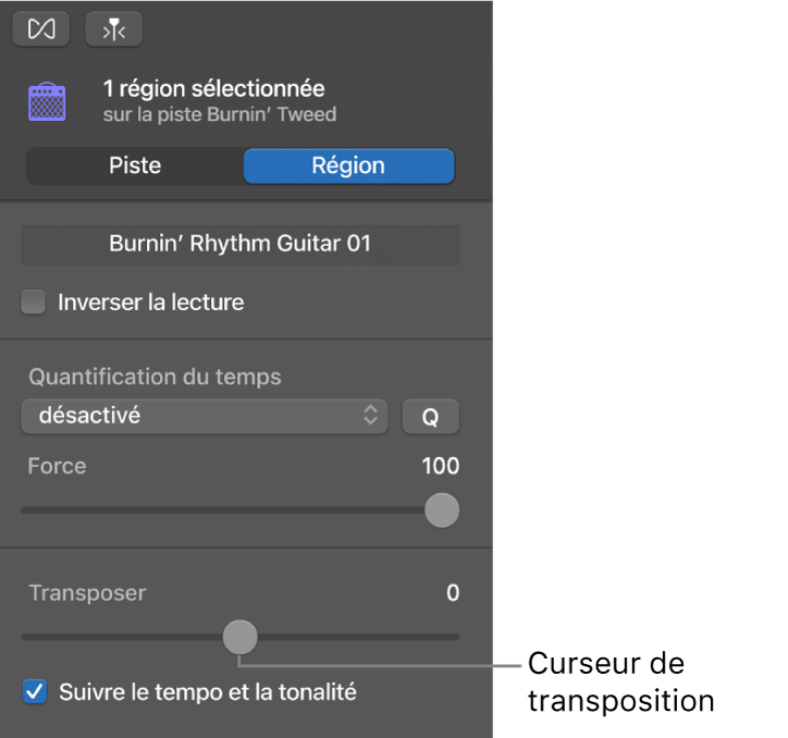 Curseur de transposition dans l’inspecteur de l’éditeur audio en mode Région.