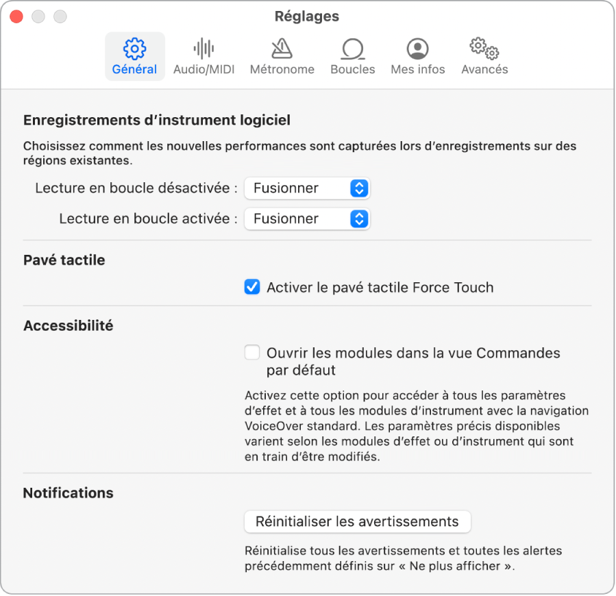 Sous-fenêtre Réglages généraux