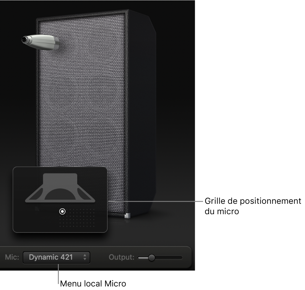 Zone de l’enceinte de Bass Amp Designer présentant le menu Mic et la grille de positionnement du micro.