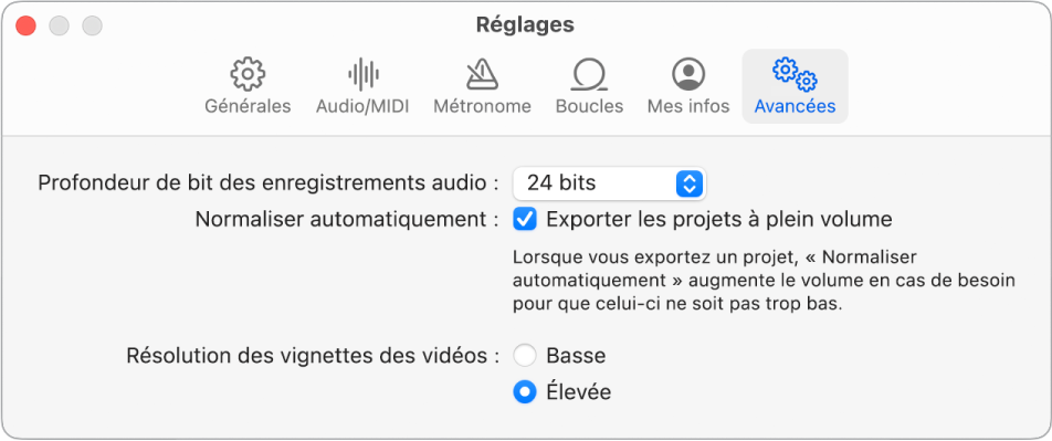 Sous-fenêtre Réglages Avancées.