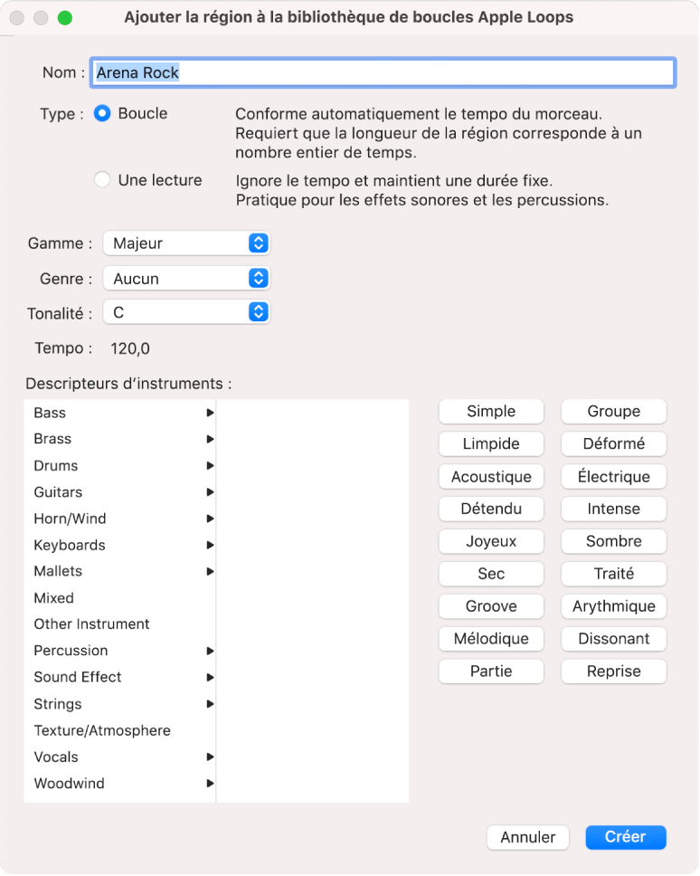 Zone de dialogue Ajouter la région à la bibliothèque de boucles Apple Loops.