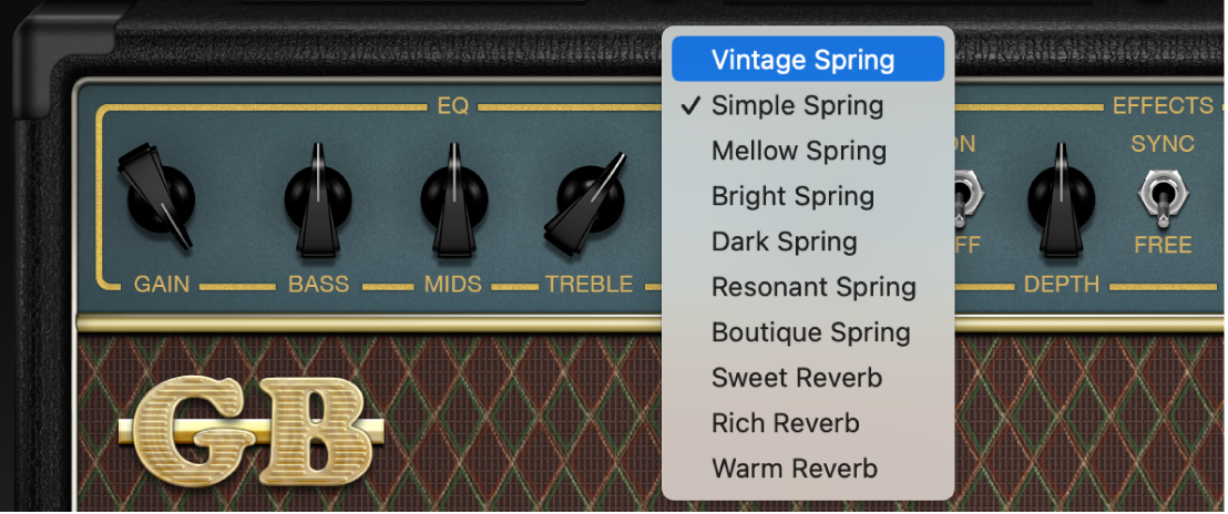 Menu Reverb et commandes Tremolo et Vibrato dans Amp Designer.