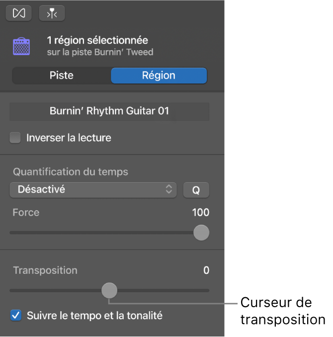 Curseur de transposition dans l’inspecteur de l’éditeur audio en mode Région.