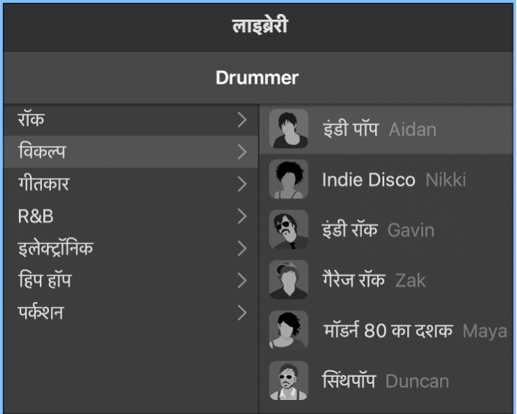 Drummer संपादक में वर्ण कार्ड।