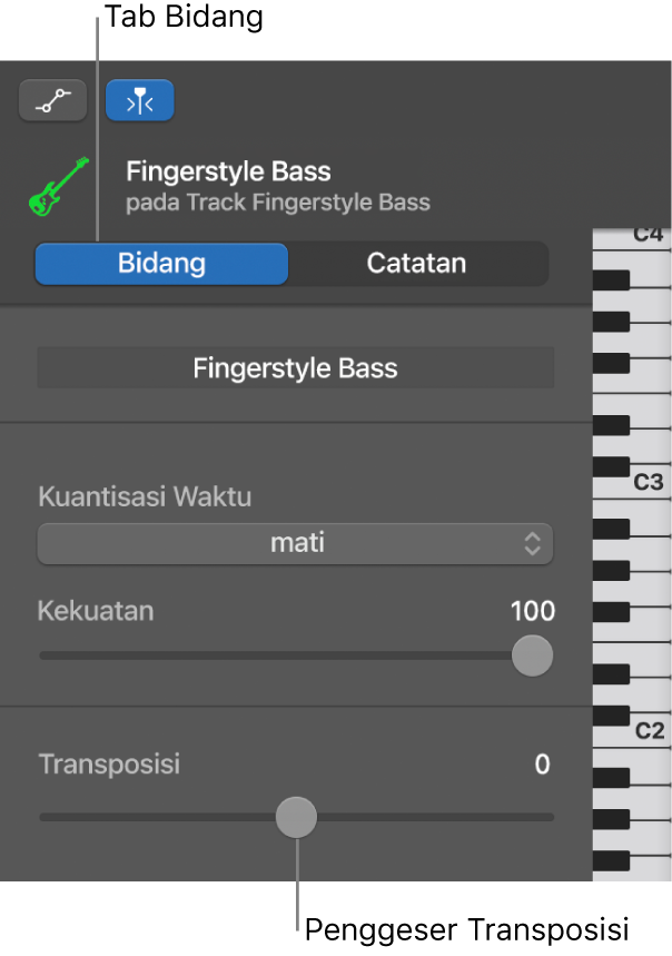 Inspektur Editor Rol Piano, yang menampilkan tombol Bidang dan penggeser Transposisi.