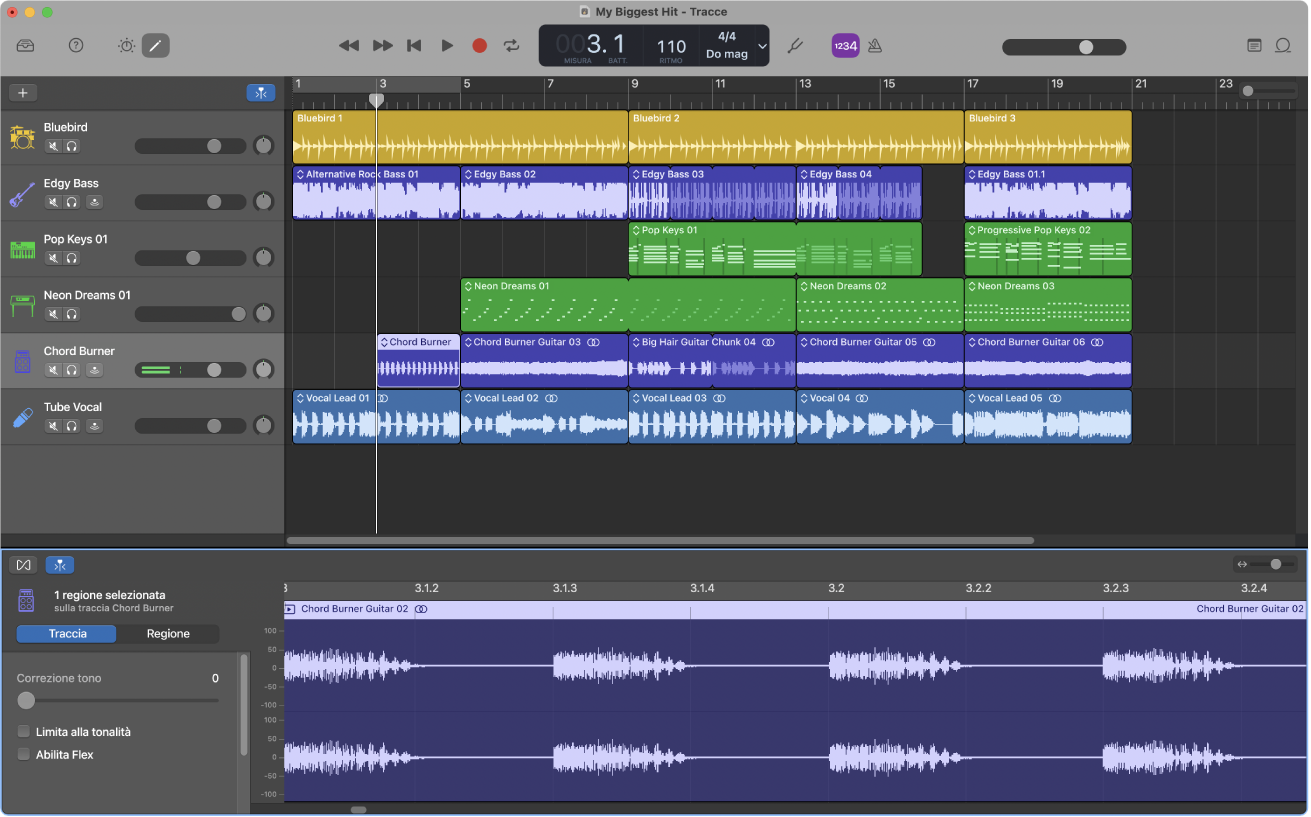 Progetto di GarageBand in riproduzione.