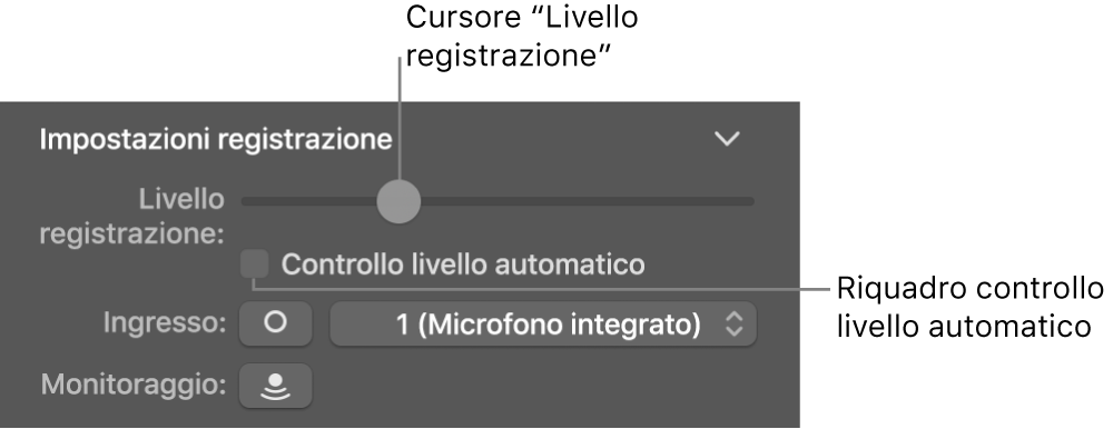 Cursore Livello registrazione” e opzione “Controllo livello automatico” nell’inspector “Smart Control”.