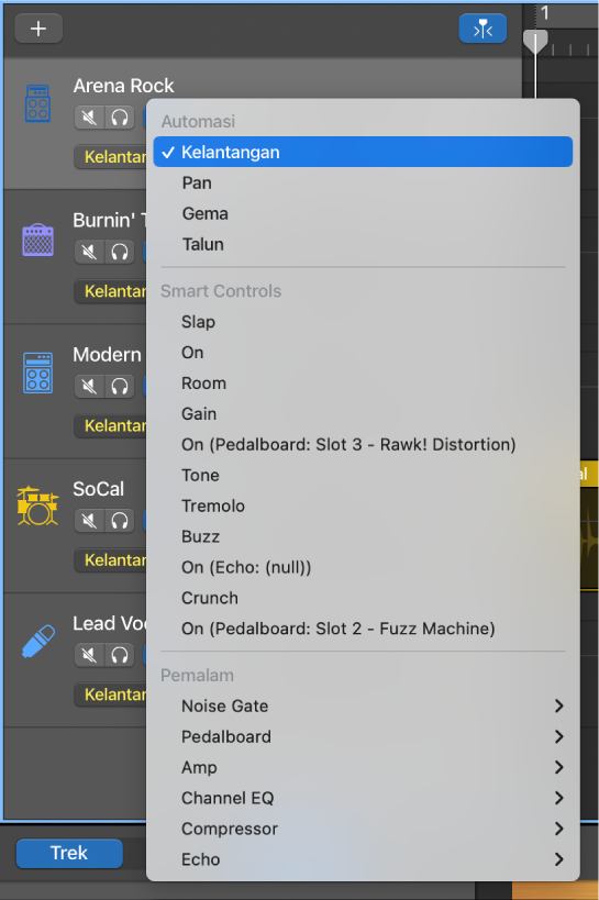 Menunjukkan menu timbul Parameter Automasi yang terbuka.