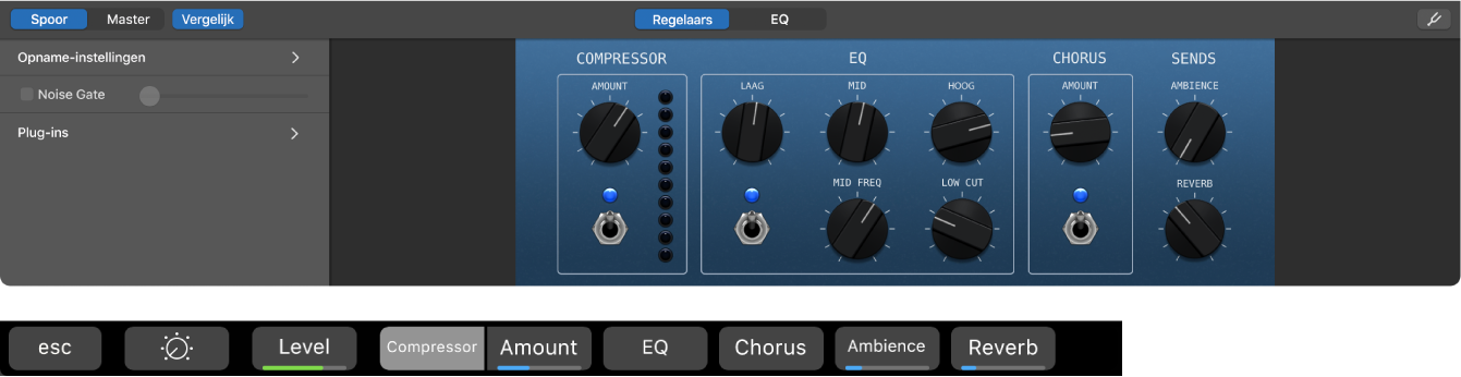 Afbeelding. De Smart Controls voor een spoor voor akoestische gitaar en dynamische toetscombinaties in het Smart Controls-scherm.