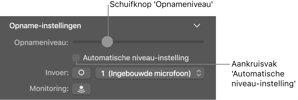 Schuifknop voor het opnameniveau en aankruisvak 'Automatische niveau-instelling' in het infovenster voor Smart Controls.