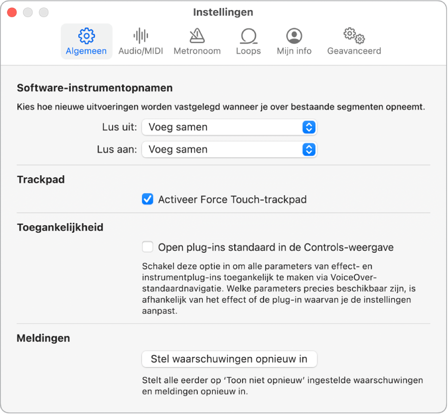 Instellingenpaneel 'Algemeen'.