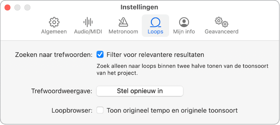 Instellingenpaneel 'Loops'.