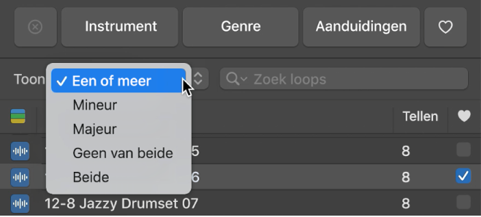 Venstermenu 'Toonladder' in de loopbrowser.